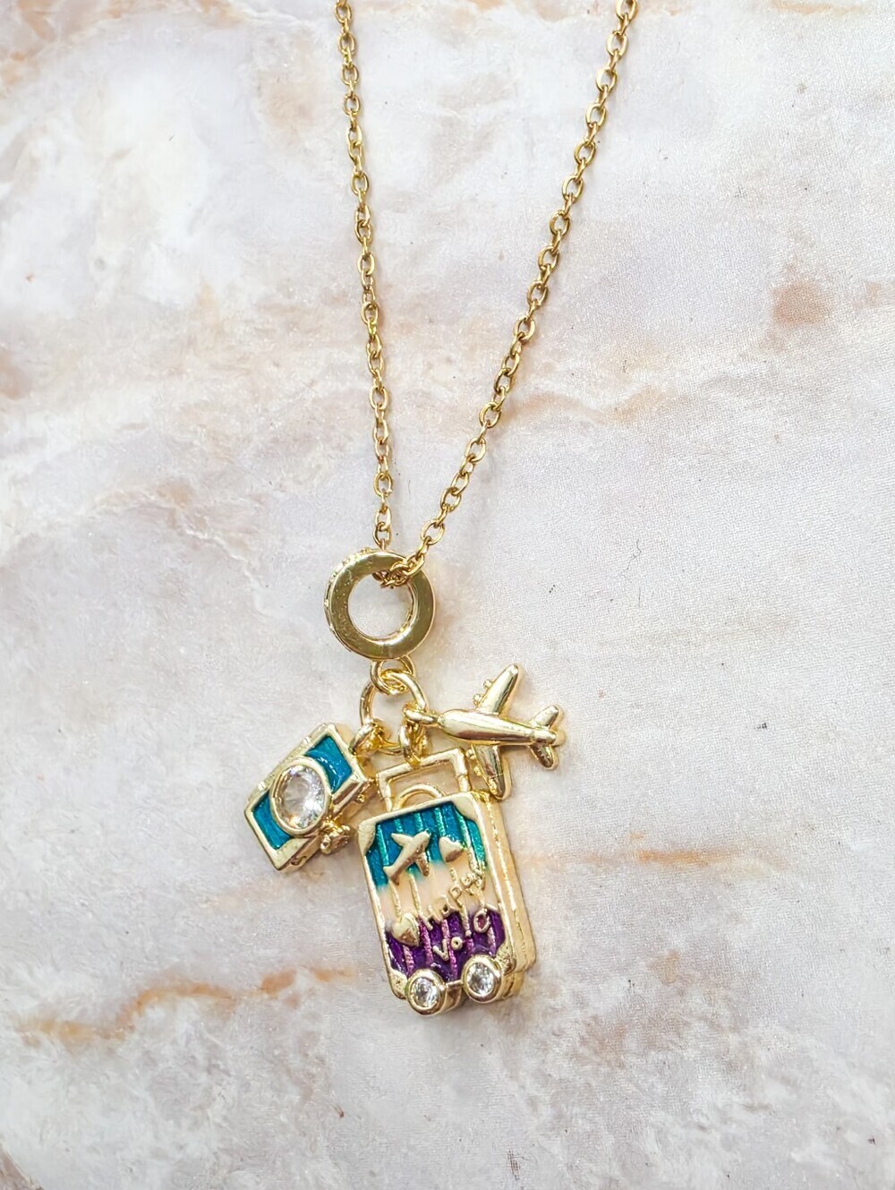 Travel Suitcase Charm Necklace Gold Airplane Passport Vacation Pendant Gift - Picture 14 of 14